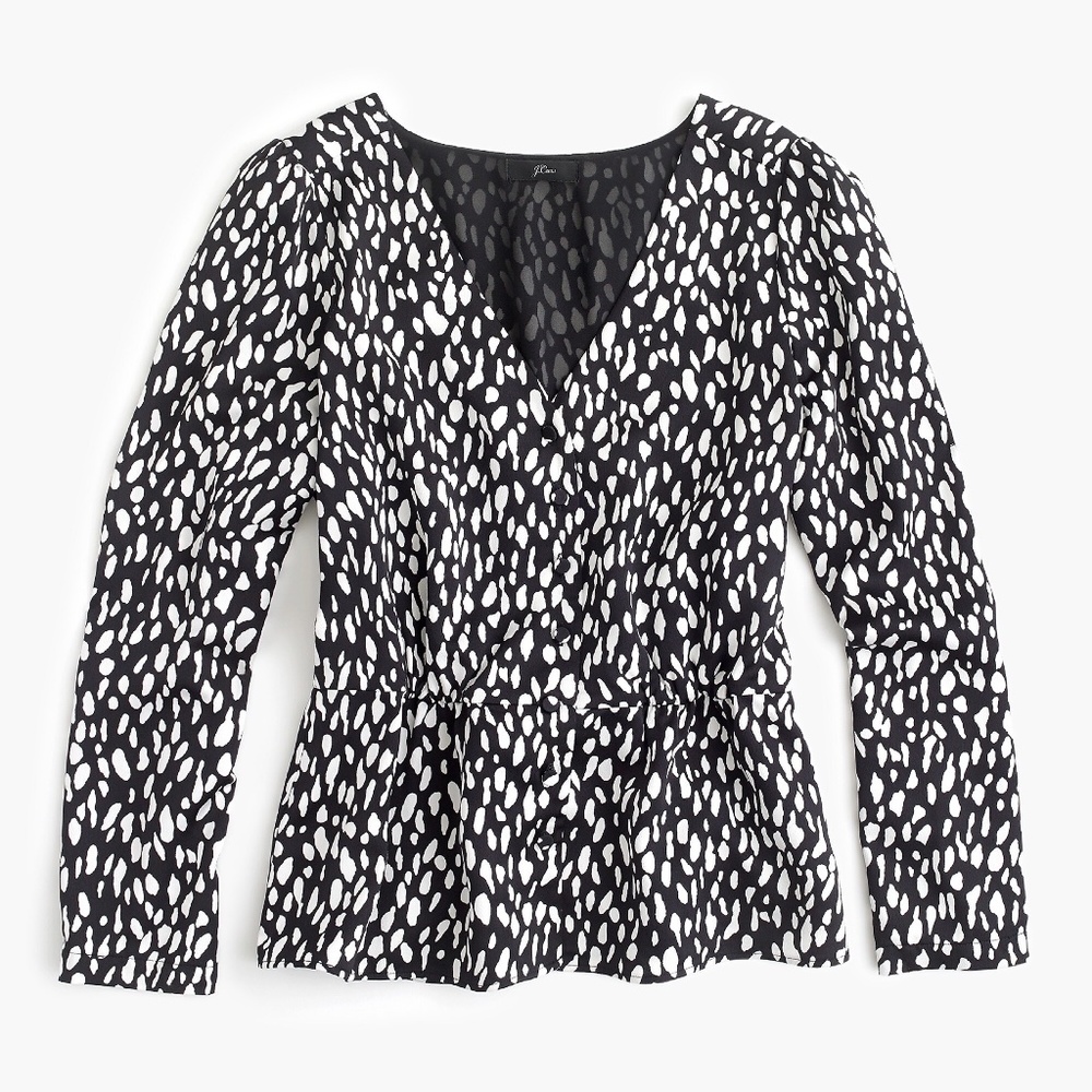 J.Crew Long-sleeve peplum top in black and white printed satin-crepe